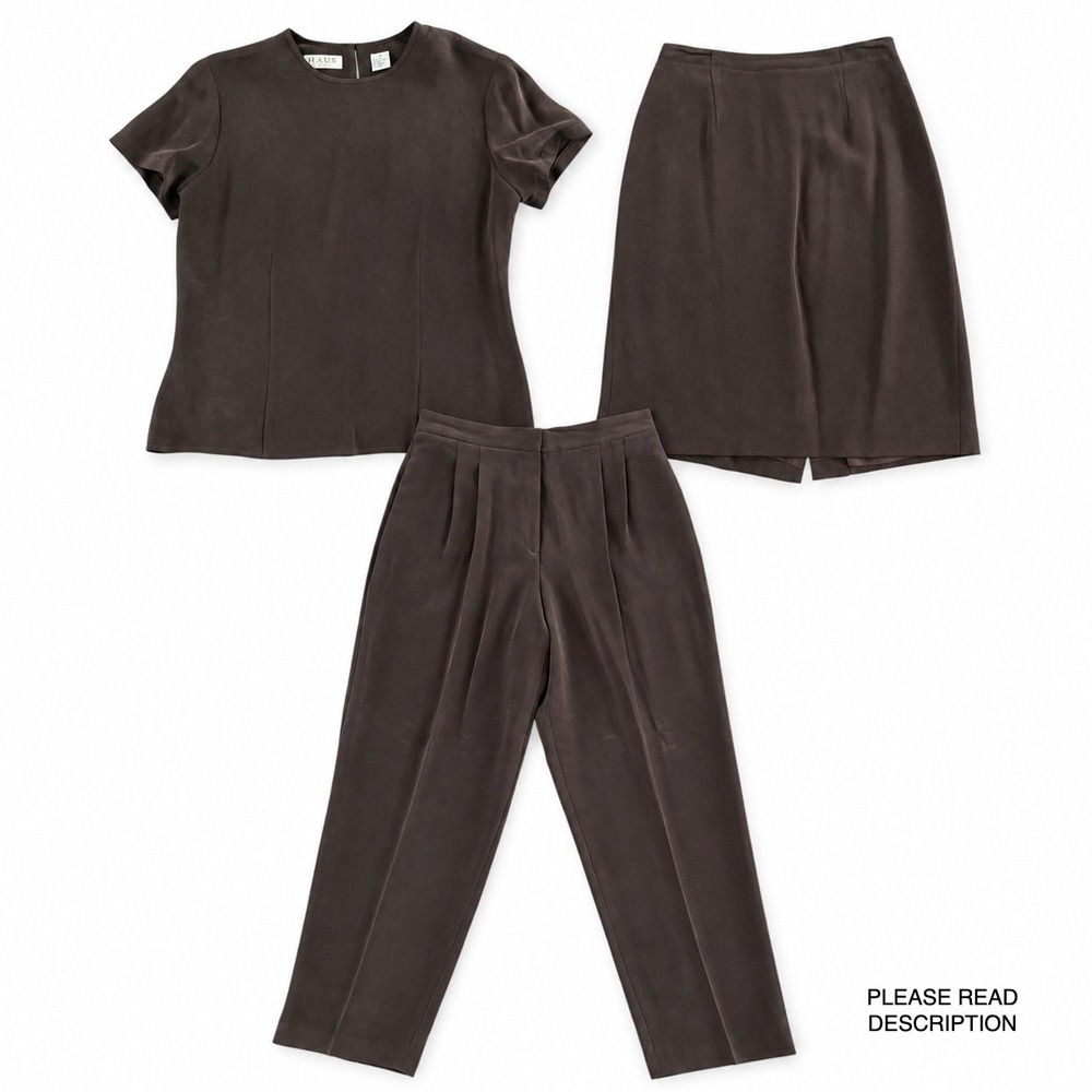VTG Chaus 3 Piece Silk Suit Set Brown Skirt Pants Blouse 90s Professional FLAWS